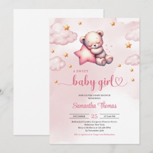 Schattigee teddybeer met sterren meisje baby showe kaart (Voorkant / Achterkant)