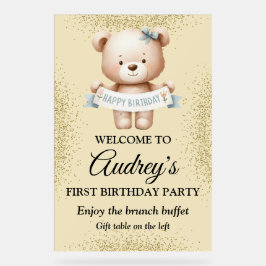 Schattigee teddybeer met verjaardagsbanner acryl bord