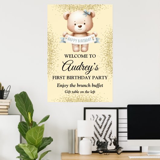 Schattigee teddybeer met verjaardagsbanner poster (Thuiskantoor)
