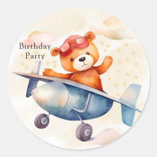Schattigee teddybeer met zijn vliegtuigverjaardags ronde sticker