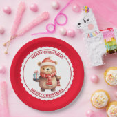 Schattigee teddybeer op kerstvakantie met kerstmut papieren bordje (Feest)