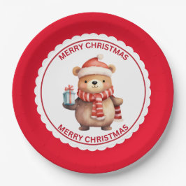 Schattigee teddybeer op kerstvakantie met kerstmut papieren bordje