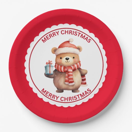 Schattigee teddybeer op kerstvakantie met kerstmut papieren bordje (Voorkant)