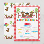 Schattigee teddybeer picknick 1e verjaardagsfeest  kaart (Voorkant / Achterkant)