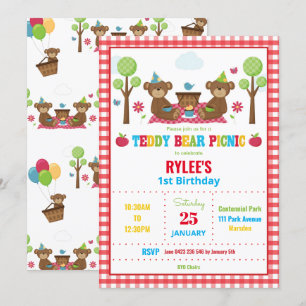 Schattigee teddybeer picknick 1e verjaardagsfeest  kaart
