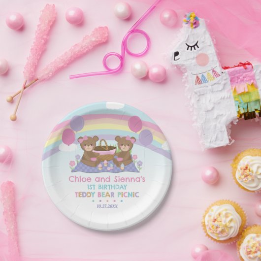 Schattigee teddybeer picknick regenboog tweeling m papieren bordje (Feest)