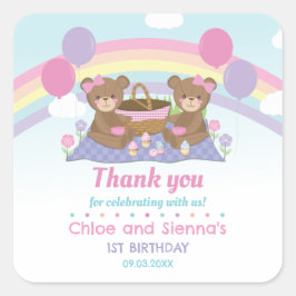 Schattigee teddybeer picknick regenboog tweeling m vierkante sticker