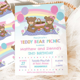 Schattigee teddybeer picknick verjaardag tweeling  kaart