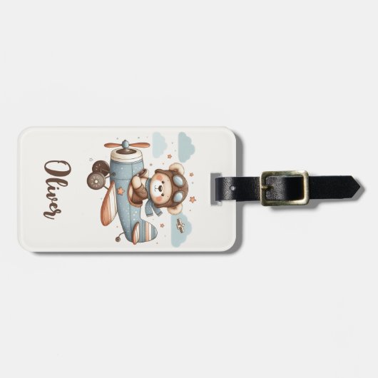 Schattigee teddybeer piloot gepersonaliseerd bagagelabel (Voorkant horizontaal)