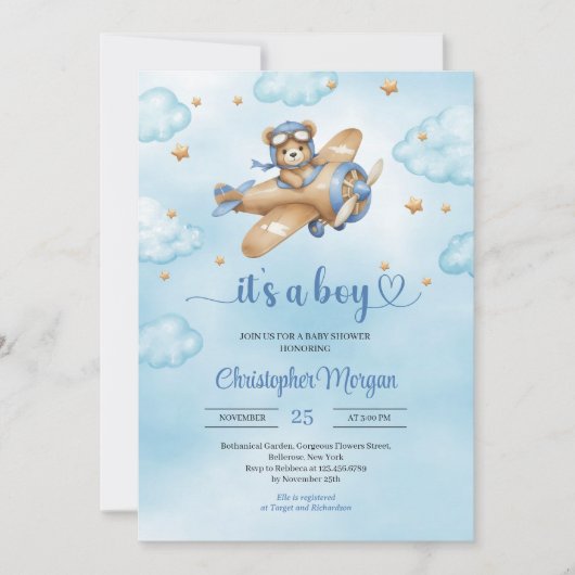 Schattigee teddybeer pilotenjongen baby shower kaart (Voorkant)