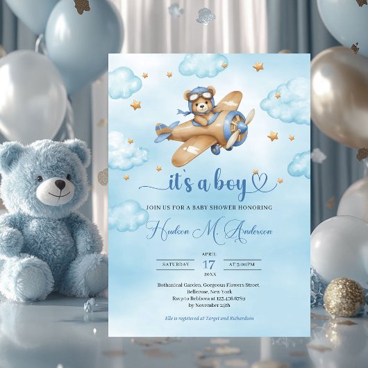 Schattigee teddybeer pilotenjongen baby shower kaart