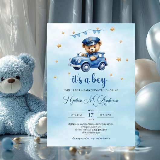 Schattigee teddybeer politieman boy baby shower kaart