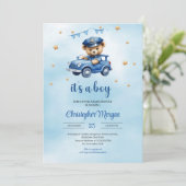 Schattigee teddybeer politieman boy baby shower kaart (Staand voorkant)
