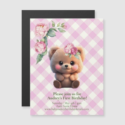 Schattigee teddybeer roze gingham floral Baby show (Voorkant / Achterkant)