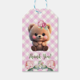 Schattigee teddybeer roze gingham floral Baby show Cadeaulabel