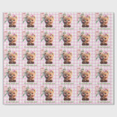 Schattigee teddybeer roze gingham floral Baby show Cadeaupapier (Vlak)