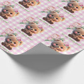 Schattigee teddybeer roze gingham floral Baby show Cadeaupapier (Hoek)