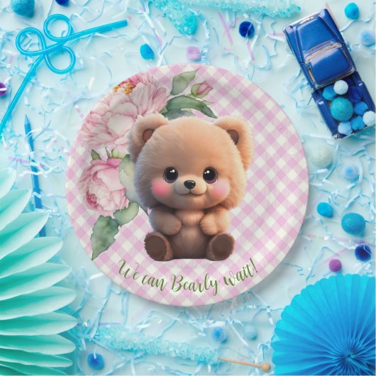 Schattigee teddybeer roze gingham floral Baby show Papieren Bordje (Feest)