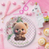 Schattigee teddybeer roze gingham floral Baby show Papieren Bordje (Feest)