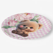 Schattigee teddybeer roze gingham floral Baby show Papieren Bordje (Gekanteld)