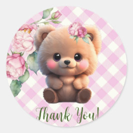 Schattigee teddybeer roze gingham floral Baby show Ronde Sticker