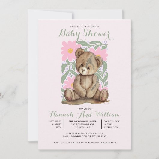 Schattigee teddybeer roze meisje Baby shower Kaart (Voorkant)