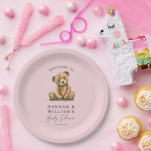 Schattigee teddybeer roze meisje Baby shower Papieren Bordje (Feest)