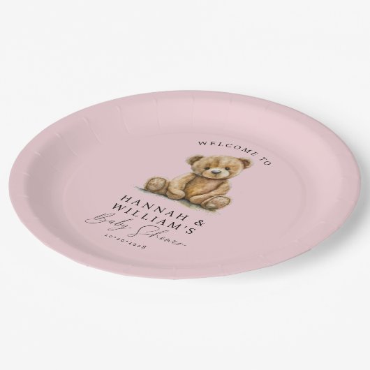 Schattigee teddybeer roze meisje Baby shower Papieren Bordje (Gekanteld)