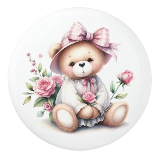 Schattigee teddybeer roze rozen Baby kamer Keramische Knop (Voorkant)