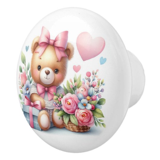 Schattigee teddybeer roze rozen ballonnen Baby kam Keramische Knop (Rechts)
