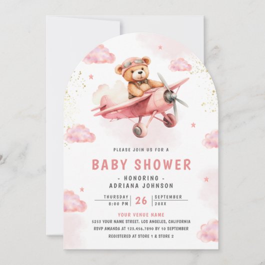 Schattigee Teddybeer Roze Vliegtuigboog Baby showe Kaart (Voorkant)