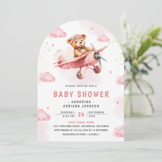 Schattigee Teddybeer Roze Vliegtuigboog Baby showe Kaart (Staand voorkant)