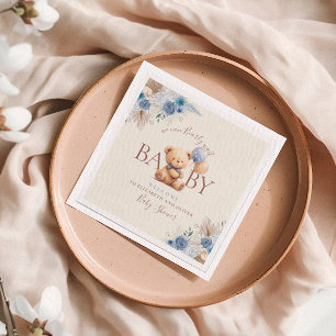 Schattigee teddybeer twee ballonnen blauw bloemen servet