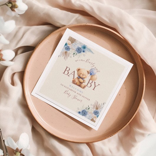 Schattigee teddybeer twee ballonnen blauw bloemen servet