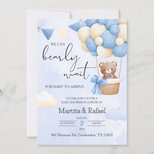 Schattigee teddybeer uitnodiging ballon Baby showe (Voorkant)