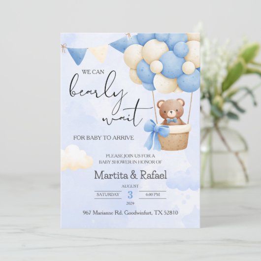 Schattigee teddybeer uitnodiging ballon Baby showe (Staand voorkant)