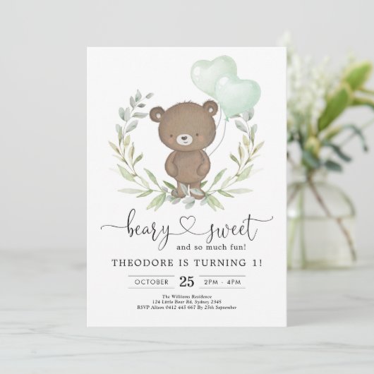 Schattigee Teddybeer Verjaardag Jongen Greenery Ba Kaart (Staand voorkant)