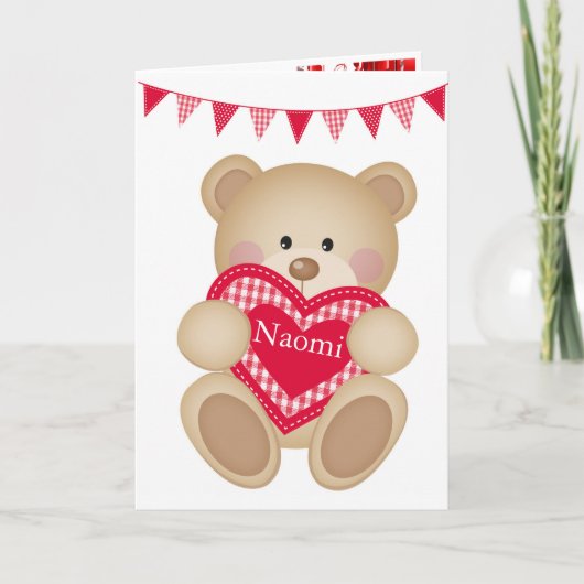 Schattigee teddybeer w Red Heart Naam toevoegen Feestdagen Kaart (Voorkant)