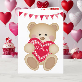 Schattigee teddybeer w Red Heart Naam toevoegen Feestdagen Kaart