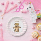 Schattigee Teddybeer Witte Stippen op Roze Verjaar Papieren Bordje (Feest)