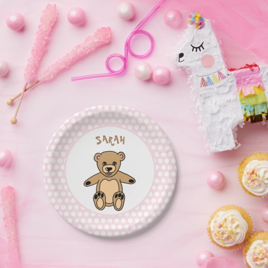 Schattigee Teddybeer Witte Stippen op Roze Verjaar Papieren Bordje (Feest)