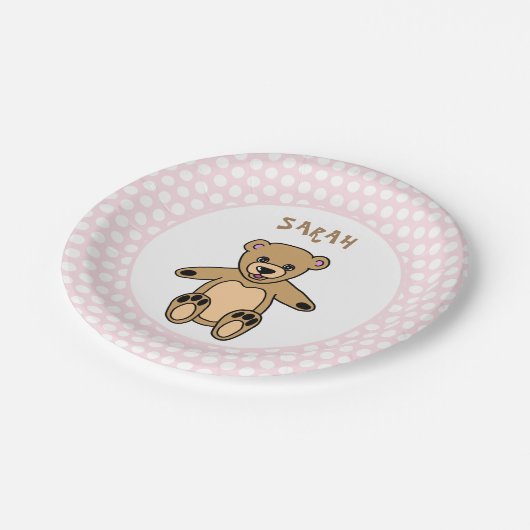 Schattigee Teddybeer Witte Stippen op Roze Verjaar Papieren Bordje (Gekanteld)