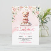 Schattigee teddybeer wolk negen meisje baby shower kaart (Staand voorkant)