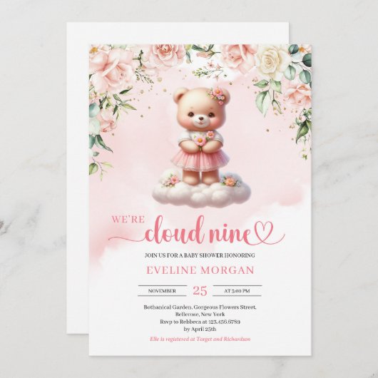 Schattigee teddybeer wolk negen meisje baby shower kaart (Voorkant / Achterkant)