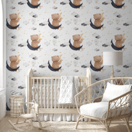Schattigee teddybeer zittend op maan witte kinderk behang