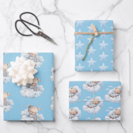 Schattigee Teddyberen en sterren blauw Inpakpapier Vel