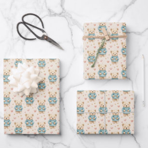 Schattigee teddyberen in blauwe truien inpakpapier vel