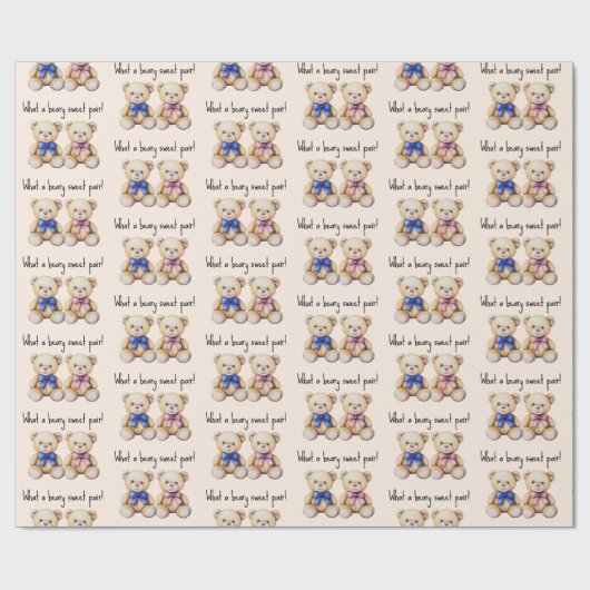 Schattigee Teddyberen, Meisje & Jongen Tweeling Ba Cadeaupapier (Vlak)