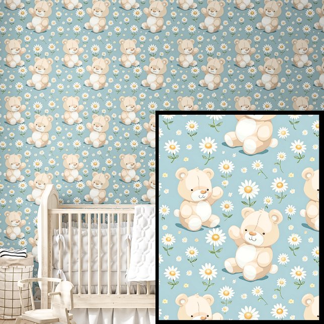 Schattigee Teddyberen & witte bloemen op Dark Aqua Behang (Creator heeft geüpload)