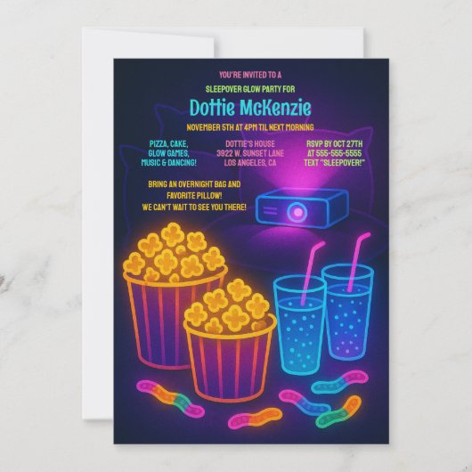 Schattigee Teenage Sleepover Glow Party Movie Invi Kaart (Voorkant)